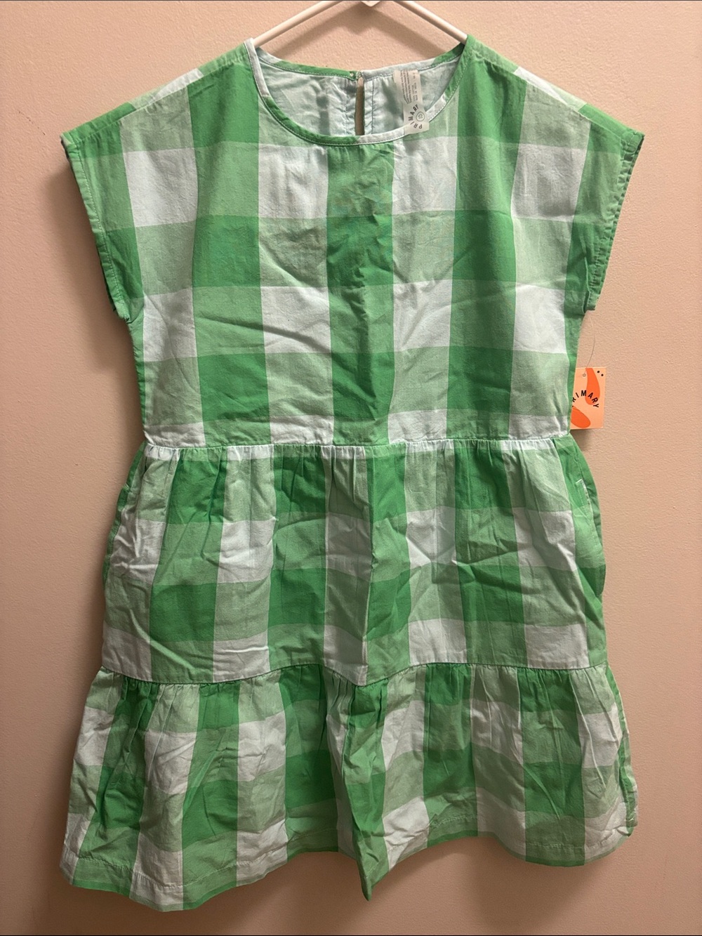 Primary Green and White Gingham Tiered Short-Sleeve Dress